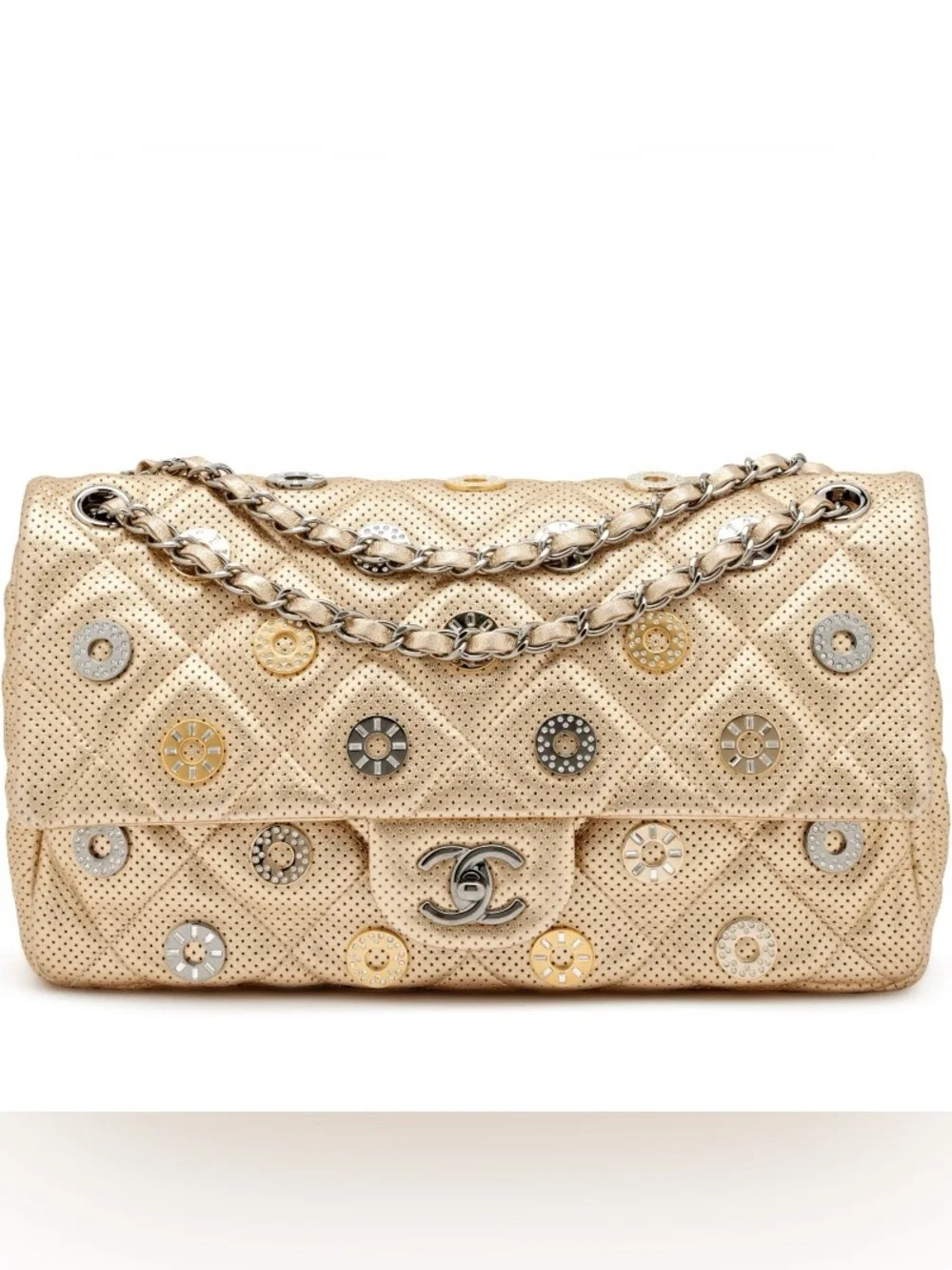 Rare collectible CHANEL Gold Metallic Dubai-Paris Flap Shoulder Bag